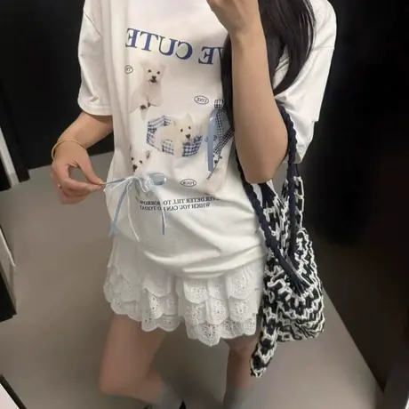 韩国东大门25夏季新款甜美可爱狗狗印花蝴蝶结宽松短袖t恤上衣女图片