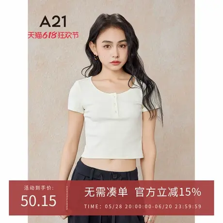 A21女装早春季修身圆领半开筒短袖T恤运动显瘦休闲潮牌短款上衣图片
