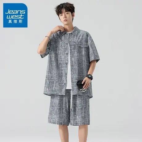 N5真维斯短袖衬衫男休闲套装2025夏季新款时尚两件装男生一套衣服商品大图