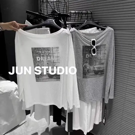 韩国东大门夏季新款美式字母印花斜肩长袖防晒衫T恤女宽松上衣潮商品大图