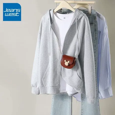 KV真维斯系列灰色卫衣开衫外套女春秋季新款休闲短款连帽开衫上衣商品大图