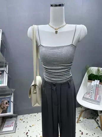 纯欲~显胸紧身性感收腰一字领吊带背心女内搭带胸垫弹力打底上衣图片