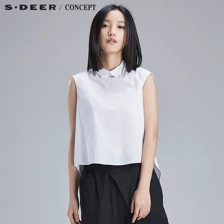 sdeer圣迪奥女装设计感后开襟圆摆白色无袖衬衫上衣女夏S16280643图片