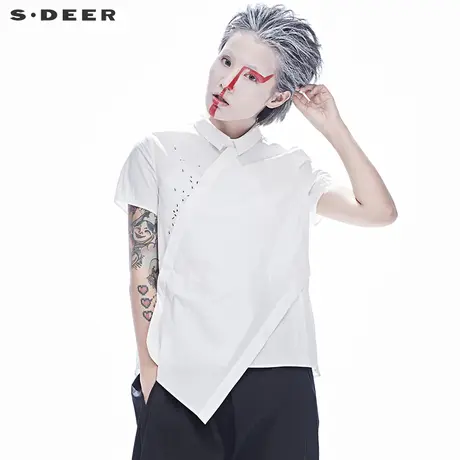 sdeer圣迪奥2019夏装不规则斜襟蚂蚁印花白色短袖衬衫女S17280583图片