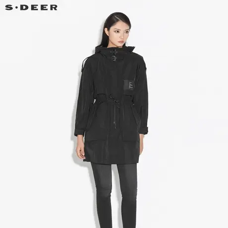 sdeer圣迪奥女装春秋装高领连帽字母收腰长款风衣外套S21381702图片