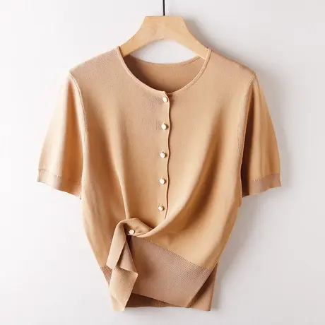 简约圆领半袖针织衫冰丝开衫纯色宽松夏季冰爽外搭女休闲款女士图片