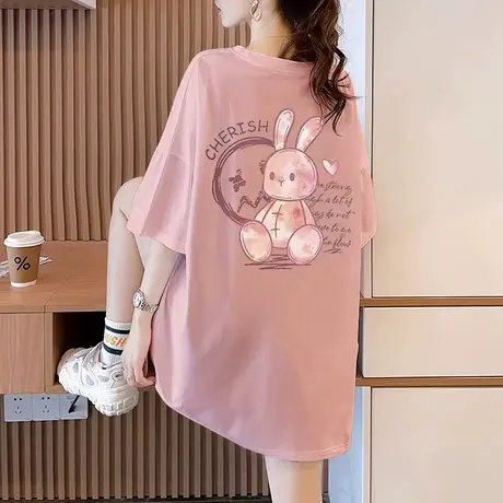 大码胖mm纯棉短袖t恤女2024新款宽松显瘦中长款夏季粉色体恤上衣图片