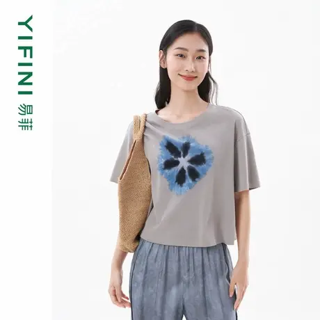 [专柜同款]Yifini/易菲纯棉创意印花宽松休闲时尚T恤女上衣夏装图片