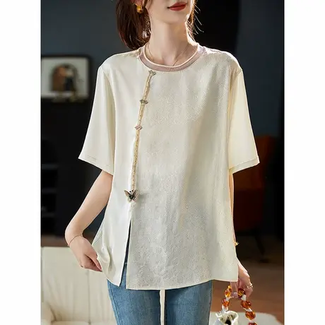宝诗黎圆领钉珠提花拼接雪纺衫2025夏季气质新中式宽松短袖上衣女商品大图