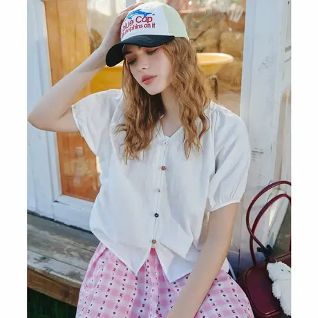 a02【100%棉】纯色简约多色纽扣装饰小衫夏季女式衬衫商品大图