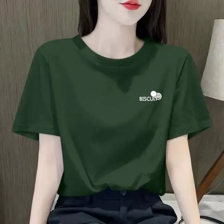 宽松百搭墨绿色圆领短袖T恤女2024夏季新款正肩纯棉半袖体恤上衣商品大图