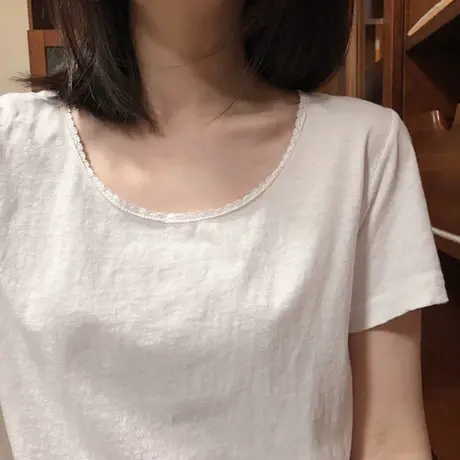 韩国东大门简约纯色甜美小花边薄软棉短袖T恤女百搭半袖正肩上衣图片