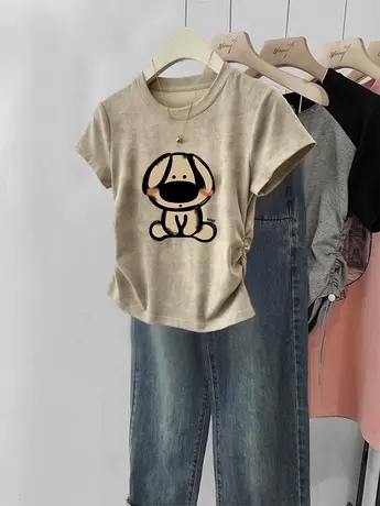 短款T恤夏季大码女装小个子设计感褶皱收腰短袖ins潮胖mm别致上衣商品大图