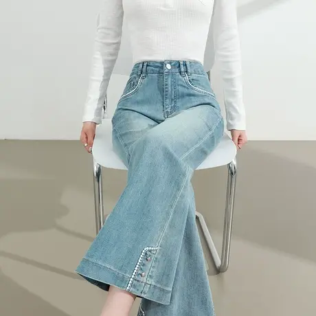 四面弹微喇牛仔裤女夏季薄款高腰宽松显瘦弹力小个子九分喇叭裤子商品大图