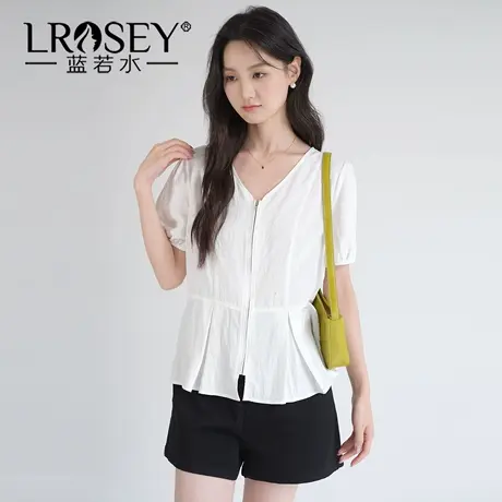 蓝若水大码女装2025夏季新品设计感拉链V领衬衫胖MM压褶收腰上衣商品大图