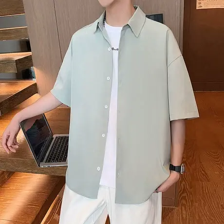 半袖衬衫男夏季2025新款纯色宽松休闲衬衣ins大码高街翻领上衣服商品大图