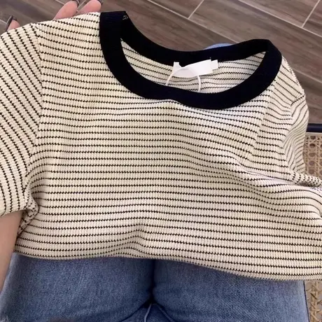 纯棉条纹正肩短袖T恤女装2025新款夏季高级感超好看独特漂亮上衣图片