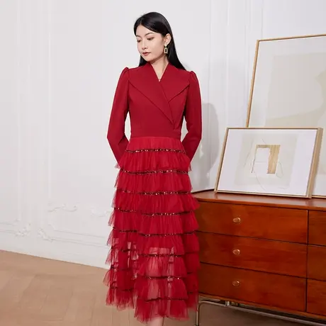 希区瑞普春新款女网纱拼接时尚长袖名媛职业休闲礼服连衣裙商品大图