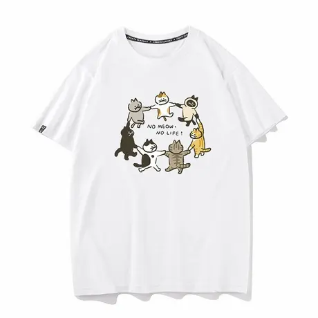 秀洛无猫不生活 no meow no life短袖t恤圆领宽松休闲男打底情侣商品大图