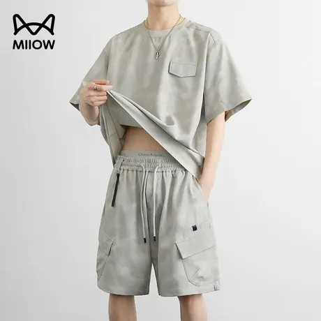 猫人运动套装2025男夏季新款美式纹理上衣百搭圆领休闲短裤半袖潮图片