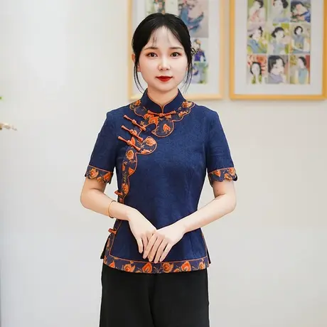 筠雅夏季新款藏青色经典中式上衣女款民国复古棉麻唐装短袖25J196商品大图
