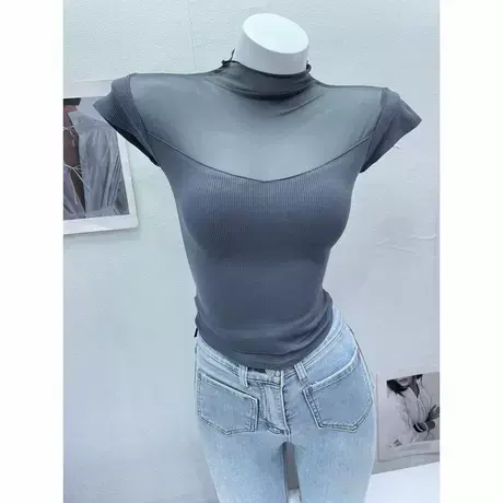 甜茶辣妹~纯欲紧身显身材蕾丝网纱短袖T恤女修身性感弹力打底衫夏图片