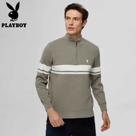 花花公子条纹撞色毛衣针织衫男款半高拉链立领休闲打底衫上衣春季图片