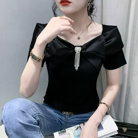法式方领T恤女短袖夏2024新款设计感小众网红上衣时尚蝴蝶结小衫商品大图
