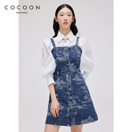 COCOON商场同款时尚裙子2023春新款女刺绣印花开襟牛仔吊带连衣裙图片