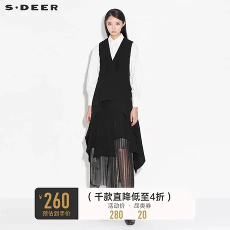 sdeer圣迪奥女装春秋装休闲V领肌理褶皱长款无袖马甲S21381602🌒商品大图