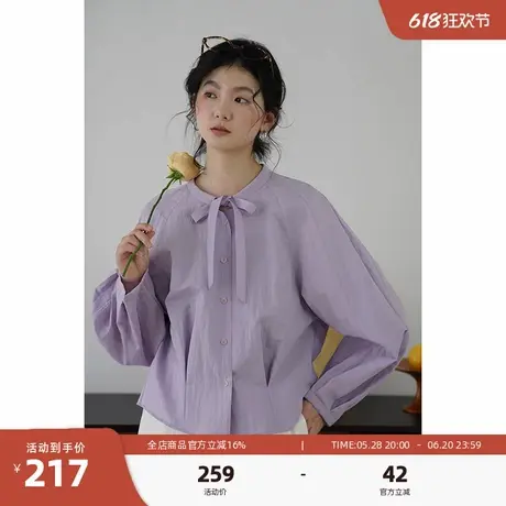 嘉茱莉2025春季新款蝴蝶结领衬衫外套女小个子短款上衣休闲衬衣商品大图