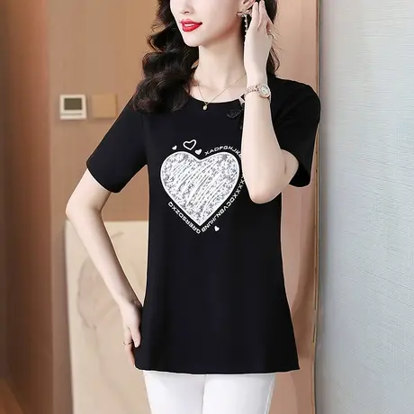 经典黑色短袖t恤女新中式女上衣夏季2025新款大码宽松遮肚子小衫商品大图