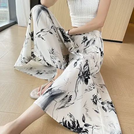 水墨印花冰丝裙裤女夏季薄款高腰宽松垂感七八九分休闲雪纺阔腿裤图片