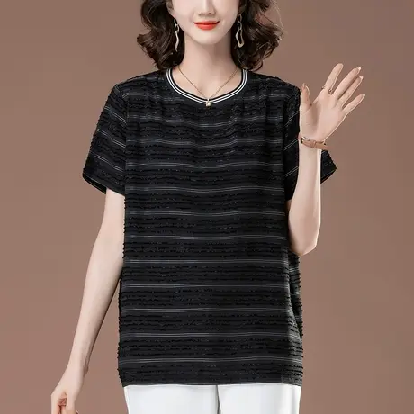 中年妈妈夏季雪纺衫上衣宽松加肥加大码女装休闲条纹显瘦短袖T恤图片
