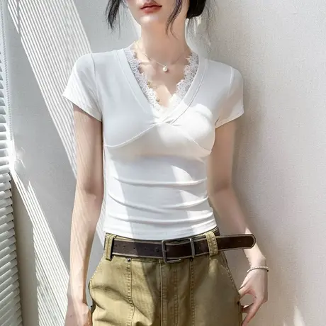 法式纯欲风蕾丝拼接V领短袖t恤女夏季设计感修身显瘦别致性感上衣图片