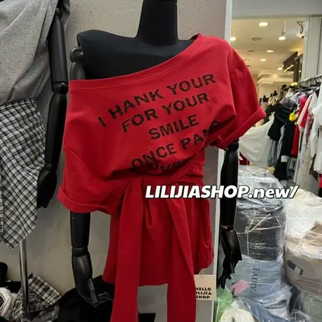 2025夏季新款时尚百搭字母印花露肩绑带显瘦短袖T恤女设计感上衣商品大图