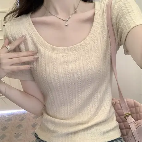 U领正肩露锁骨短袖T恤女夏季修身韩版小个子短款辣妹高级感上衣潮商品大图
