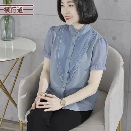 2025夏季新款简约纯色立领宽松开衫短袖雪纺衫女装大码外穿上衣服商品大图