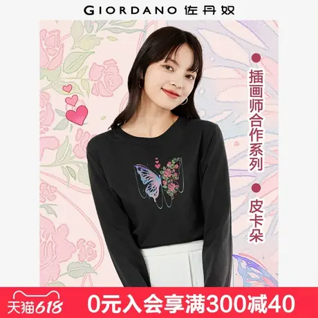 佐丹奴联名T恤女新款纯棉甜美蝴蝶花朵印花圆领长袖T恤女99394312商品大图