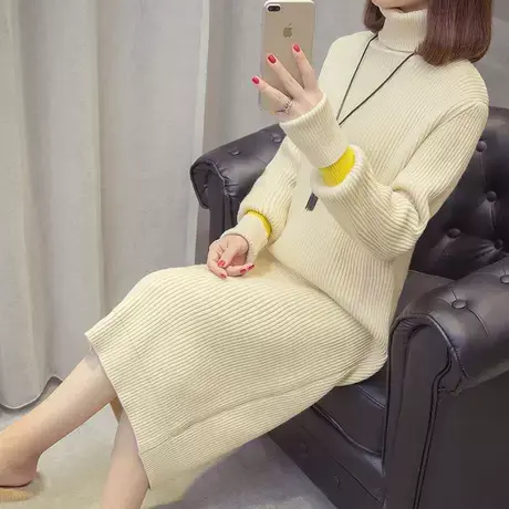 加厚中长款高领过膝2025秋冬新款韩版宽松长袖针织连衣裙打底裙女商品大图