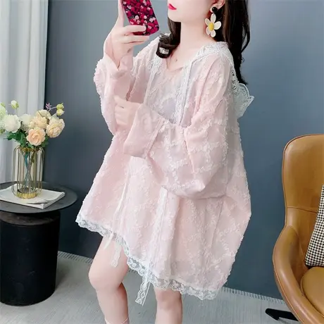 甜美减龄蕾丝拼接连帽长袖防晒雪纺衫女夏季2025新款宽松休闲上衣商品大图