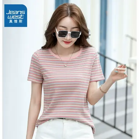 VO真维斯女装 2025秋季新款女款美式拼色条纹印花款时尚针织上衣商品大图