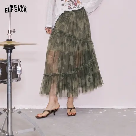 妖精的口袋迷彩满印网纱半身裙女2025年夏季新款甜酷设计感长裙子商品大图