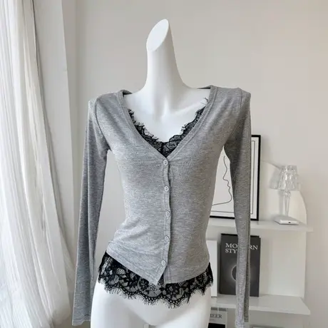 奶系穿搭秋冬睫毛蕾丝打底衫性感辣妹吊带背心上衣针织开衫两件套商品大图