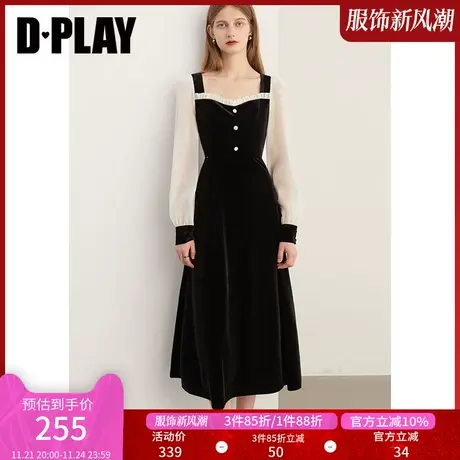 DPLAY新法式赫本风黑拼杏宫廷领撞色丝绒连衣裙轻礼服小黑裙图片