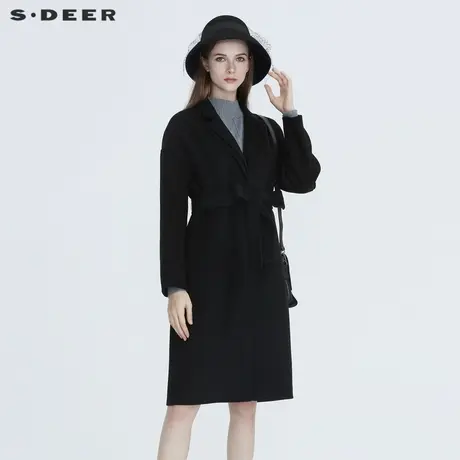 sdeer圣迪奥休闲平驳领拼接收腰假两件毛呢黑色大衣女S20461806图片
