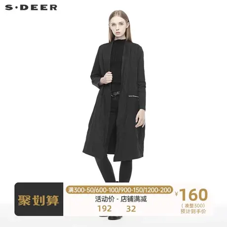 sdeer圣迪奥女休闲撞色字母肌理褶皱开襟设计纯黑风衣S19381808图片