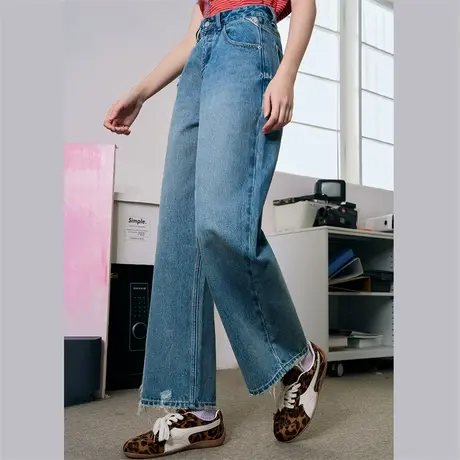 a02高腰水洗磨破毛边弯刀直筒裤2025春季宽松休闲女式牛仔裤商品大图