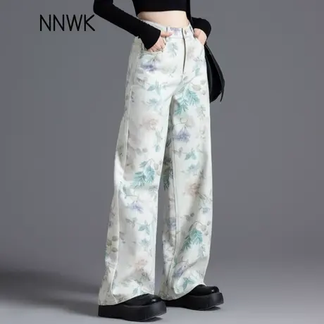 彩绘印花牛仔裤女2025新款春秋季独特漂亮直筒裤宽松显瘦阔腿长裤图片