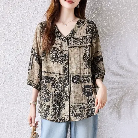 女士衬衫短袖夏季新款加肥加大码女装宽松慵懒风复古百搭休闲衬衣商品大图